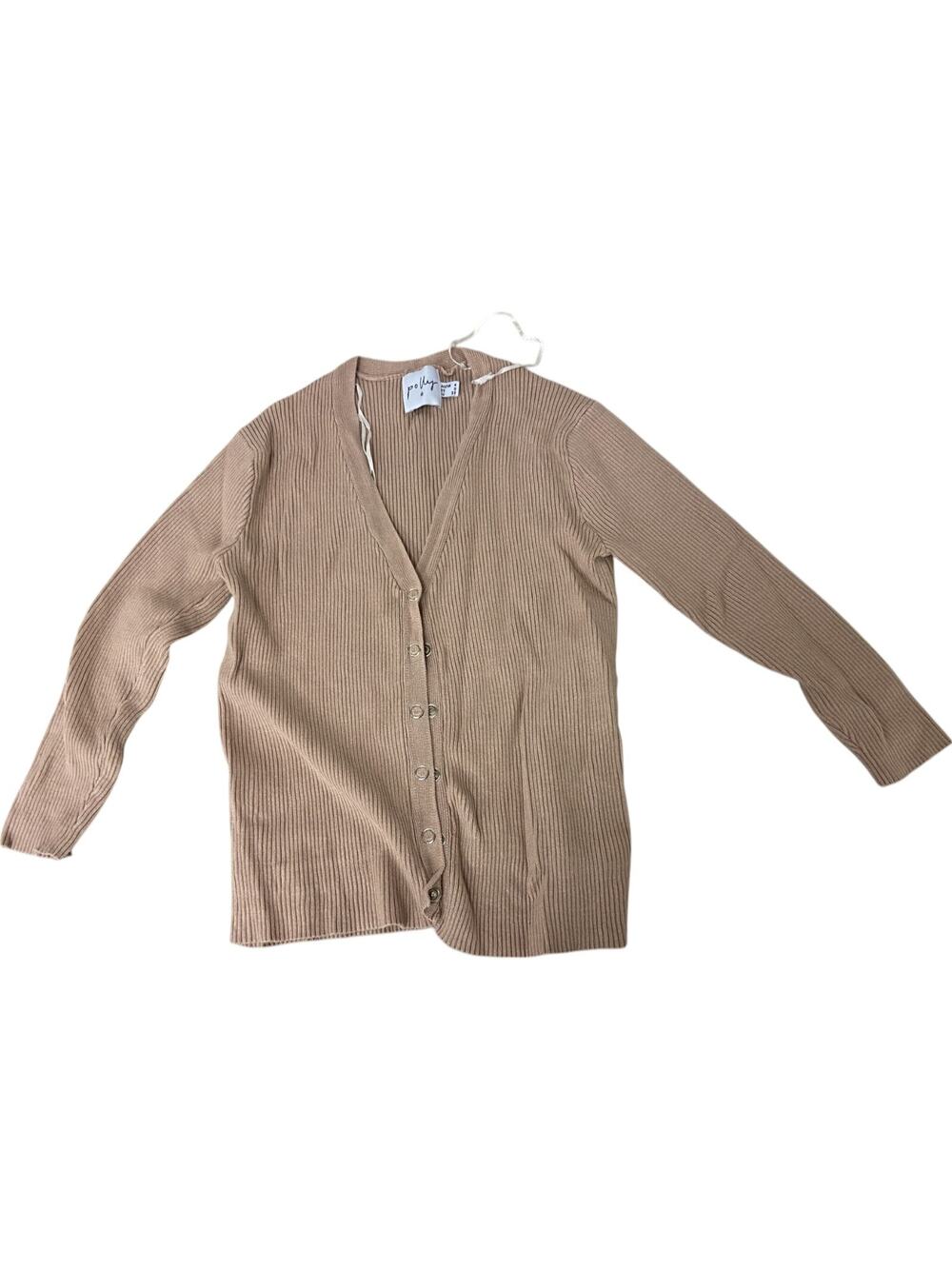 Polly Ribbed Knit Cardigan Womens Size 0 Beige Snap Button Front Long Sleeve